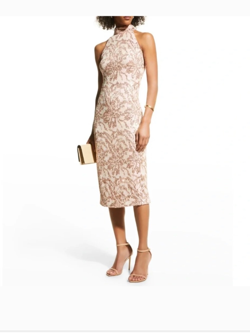 Sho Tadashi Shoji Rose Gold Blush Sequin Halter Pencil Midi Party Cocktail Dress